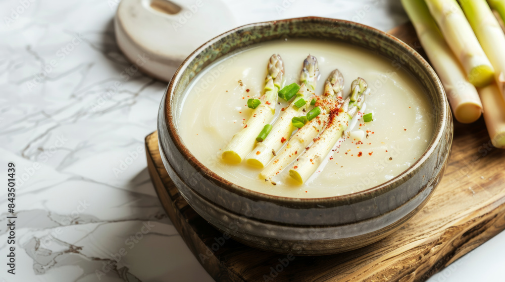 Creamy white asparagus soup garnished with whole asparagus spears and chopped green onions in a rustic ceramic bowl. Creamy white asparagus soup garnished with whole asparagus spears and chopped green onions in a rustic ceramic bowl.