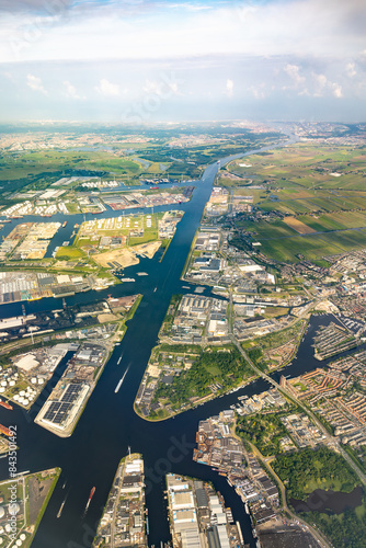 Photography Aerial view of the North Sea canal, connecting the large port, harbour and docks of Amsterdam to the locks and the sea or ocean