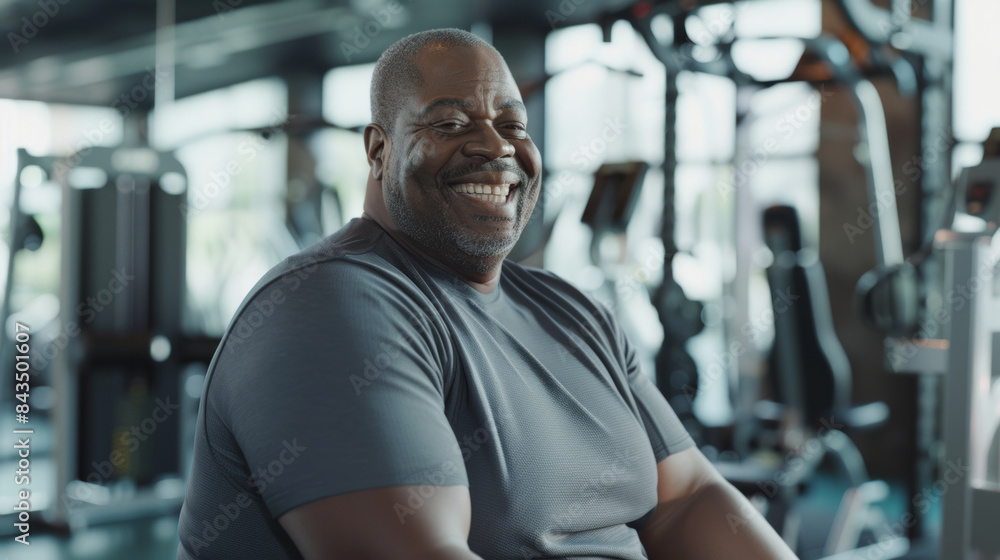 A vibrant man in a gray shirt smiles warmly in a bustling gym, representing positivity and a strong dedication to maintaining a healthy lifestyle. A vibrant man in a gray shirt smiles warmly in a bustling gym, representing positivity and a strong dedication to maintaining a healthy lifestyle.