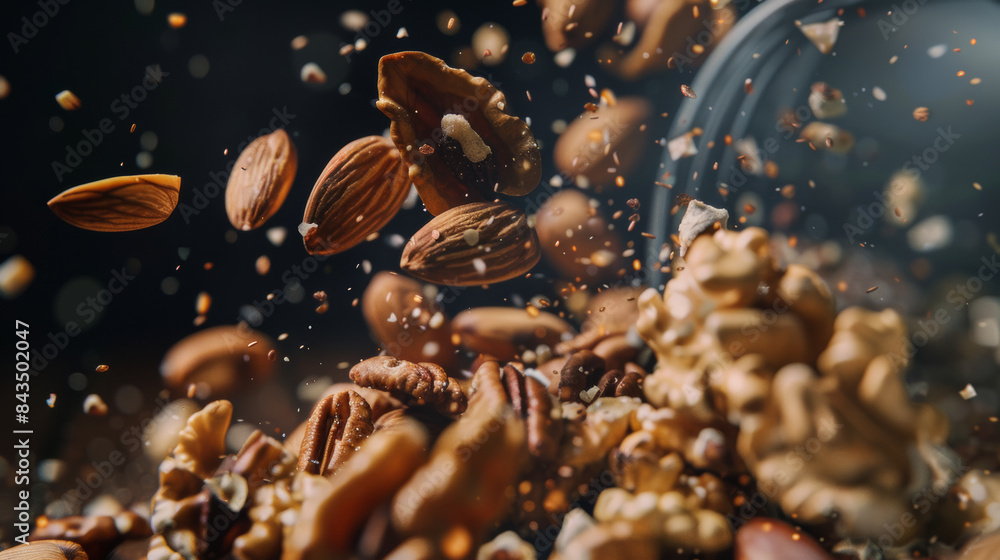 Dynamic mid-air capture of assorted nuts, including walnuts and almonds, seemingly floating against a dark background.