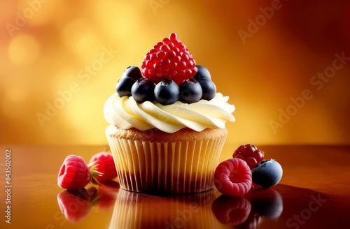 Delicious sweet dessert muffins,cupcakes with berries on a bright background