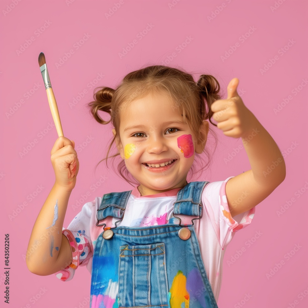 smile cute little artist with a paintbrush, showing thumb-up, on pink pastel color background smile cute little artist with a paintbrush, showing thumb-up, on pink pastel color background