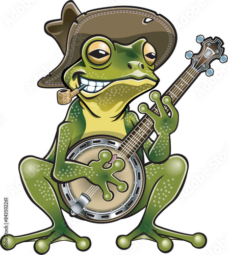 Cartoon style frog with hat and corn pipe playing on a banjo