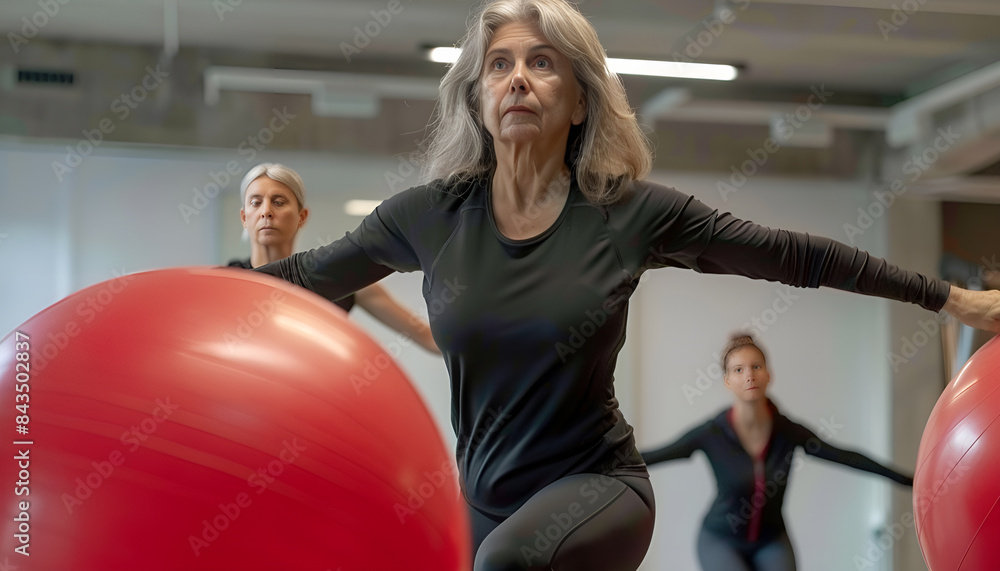 Active mature woman doing exercises with pilates ball during group training at gym indoor