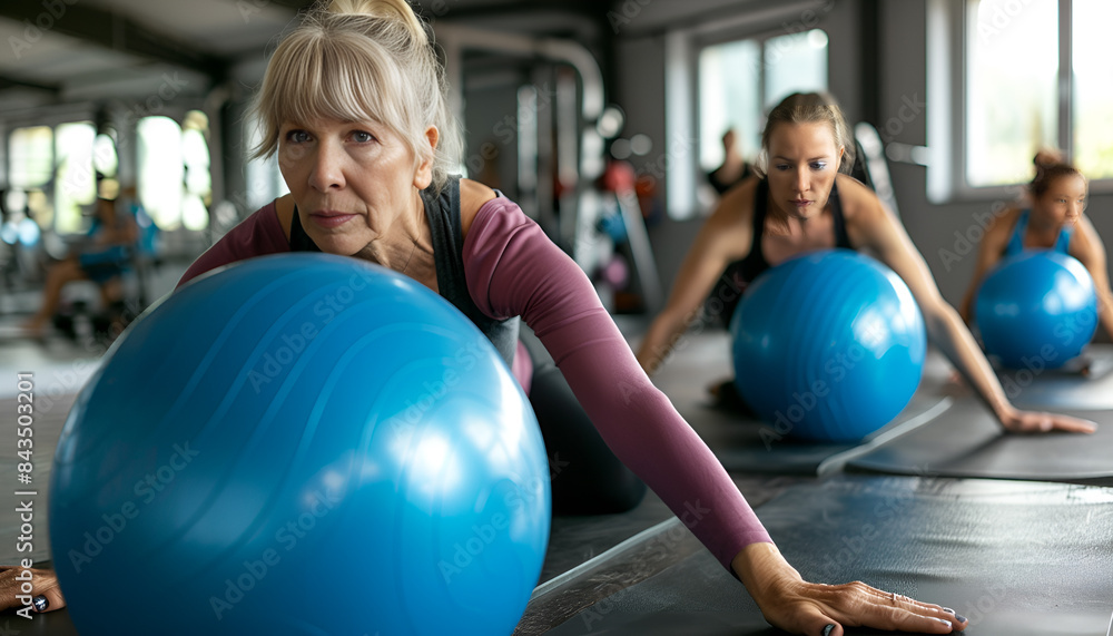 Active mature woman doing exercises with pilates ball during group training at gym indoor Active mature woman doing exercises with pilates ball during group training at gym indoor