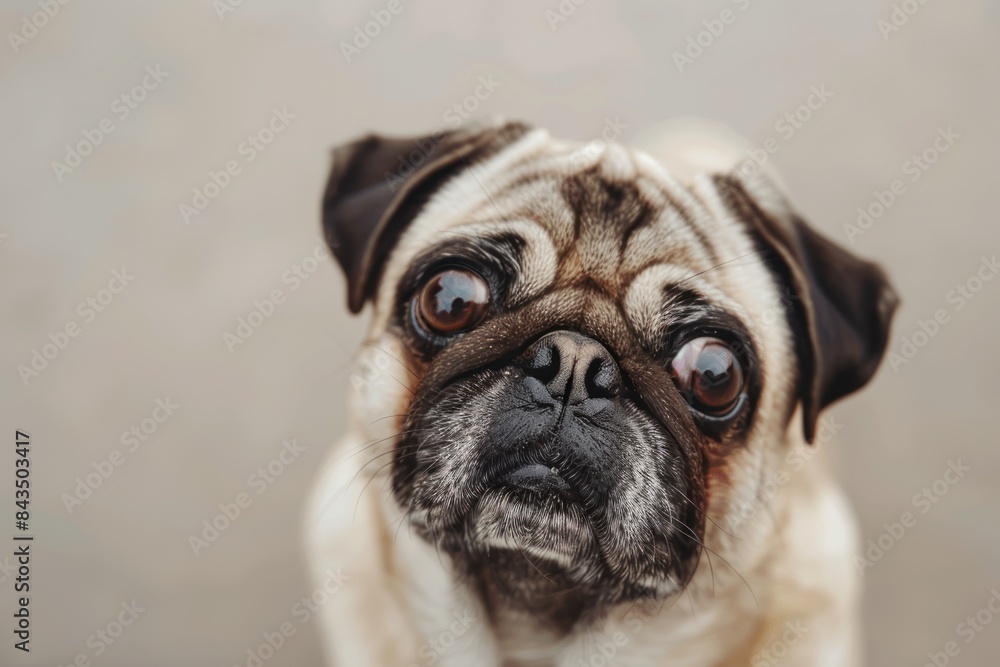 Adorable pug dog with its head tilted to the side, showing a cute and expressive face in a studio shot - Generative ai Adorable pug dog with its head tilted to the side, showing a cute and expressive face in a studio shot - Generative ai