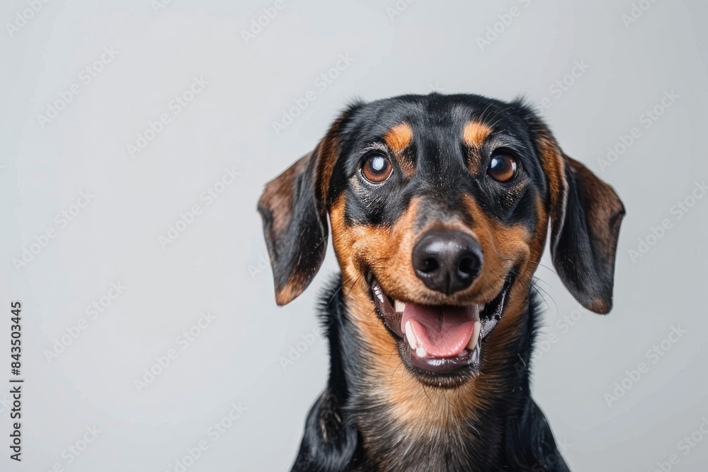 Adorable smiling Dachshund dog with a happy expression on a white background in a studio shot - Generative ai Adorable smiling Dachshund dog with a happy expression on a white background in a studio shot - Generative ai