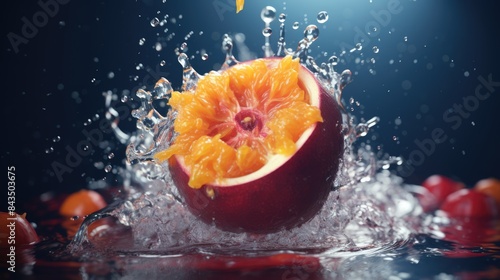 Passion fruit surrounded by splash of water 