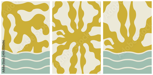 Boho Groovy aesthetic. Surf Club summer sunny day background. Trendy retro Naive Poster cover set. Organic Shapes sun beach art. Abstract Posters collection. Vector illustration. EPS 10