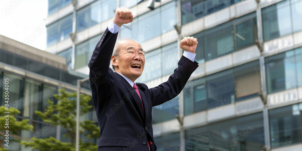 A middle-aged Chinese businessman in a suit standing celebrating success outside an office A middle-aged Chinese businessman in a suit standing celebrating success outside an office