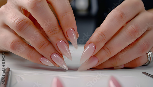 Young woman hands in a nail salon, which the manicure master files the nails with a nail file, giving them shape