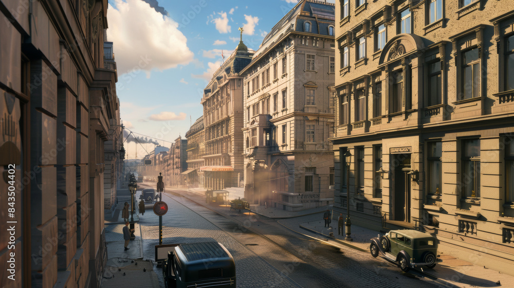 Fototapeta premium A serene, historic city street with classic architecture and minor traffic, bathed in the warm glow of a setting sun.