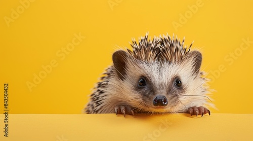 A curious hedgehog peeking out from a solid pastel yellow background with space above for text