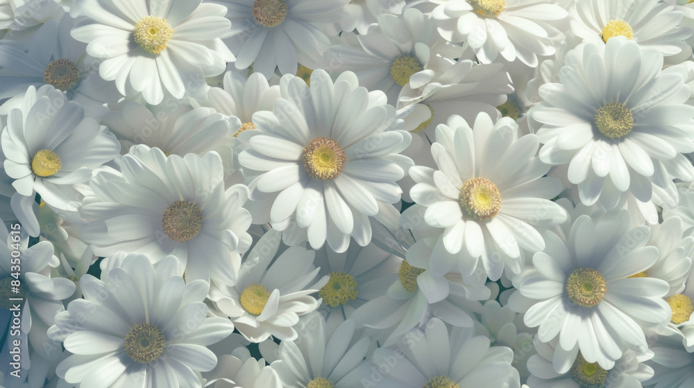 Fototapeta premium A serene close-up of numerous white daisies with yellow centers, creating a soft, calming floral texture.