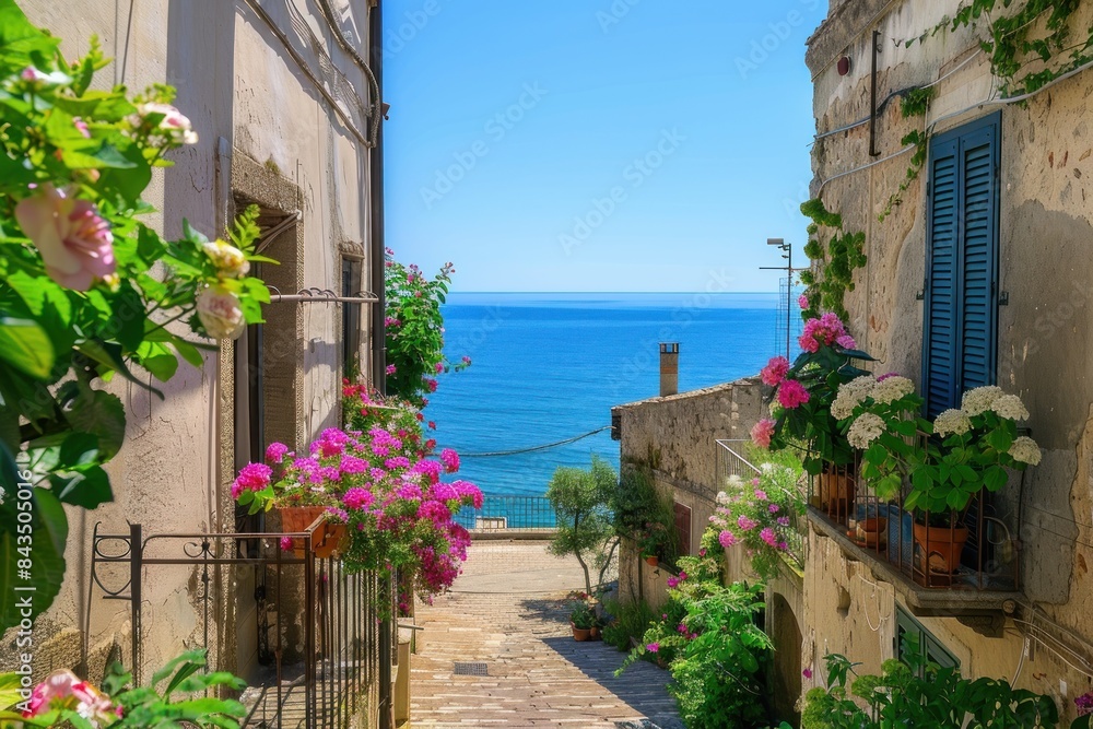 Fototapeta premium Beautiful Italian seaside town with vibrant flowers and stunning sea view on a sunny day - Generative ai