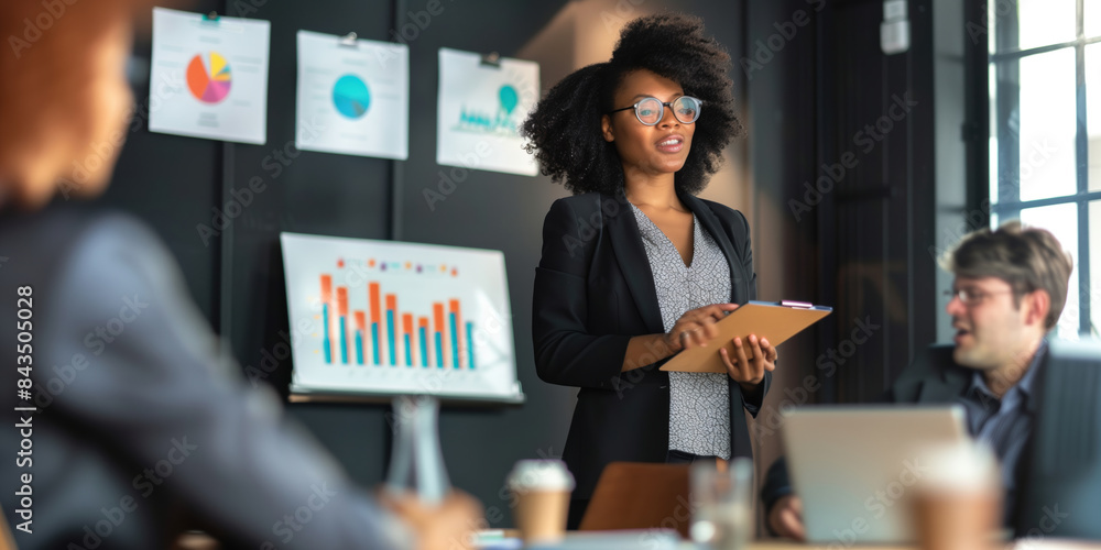A person measuring business results and communicating it to their team in the boardroom A person measuring business results and communicating it to their team in the boardroom