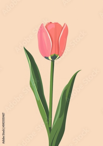 Flat vector illustration of a single pink tulip with green leaves on a solid pastel background - Generative AI