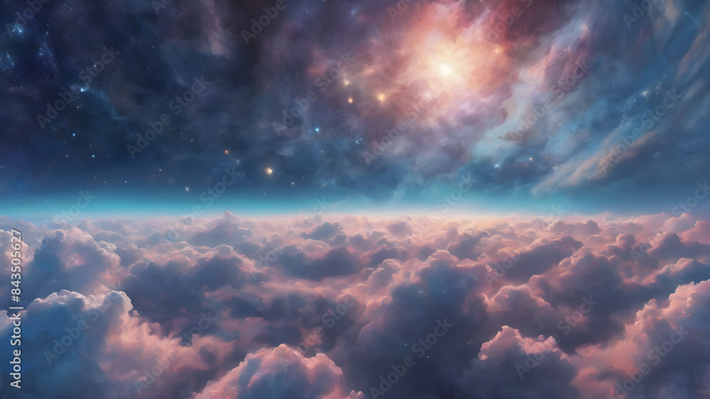 Obraz premium Beautiful pink clouds in space, cosmic abstract background, fluffy pink clouds and stars in space
