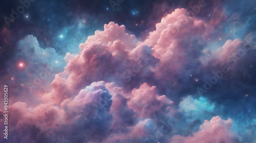 Beautiful pink clouds in space, cosmic abstract background, fluffy pink clouds and stars in space