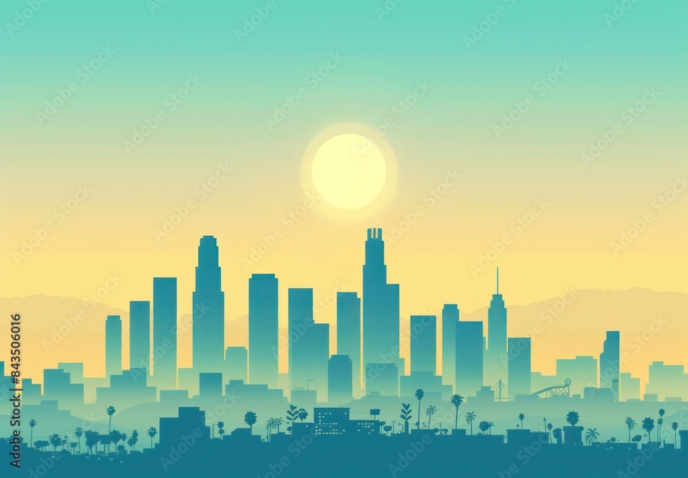 Flat Vector Illustration of Cityscape with Skyscrapers Against a Vibrant Sunset Sky Generative ai Flat Vector Illustration of Cityscape with Skyscrapers Against a Vibrant Sunset Sky Generative ai