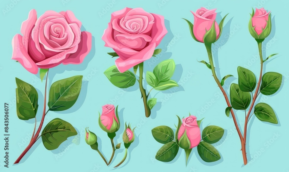 illustration of pink rose flowers and leaves set, elegant and romantic floral design for decorative purposes Generative ai
