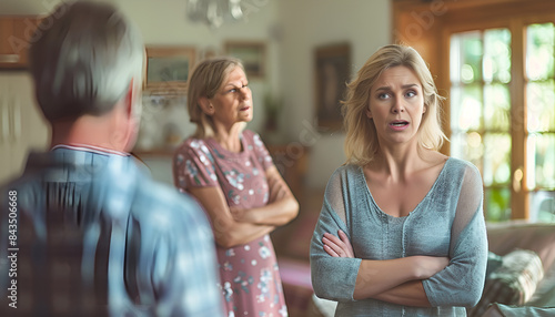 Woman ignoring her husband and mother-in-law standing behind and arguing with her at home photo