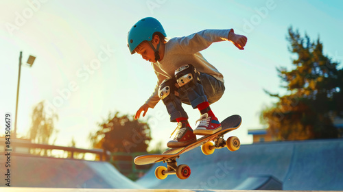 A young skateboarder performs an impressive trick mid-air at sunset, showcasing skill, determination, and passion in the golden light of late afternoon. © VK Studio