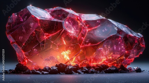 a large beautiful red gem called the firestone, broken into four pieces, its inner core burns with radiance, on a white background, realistic, unreal engine, intricate details 