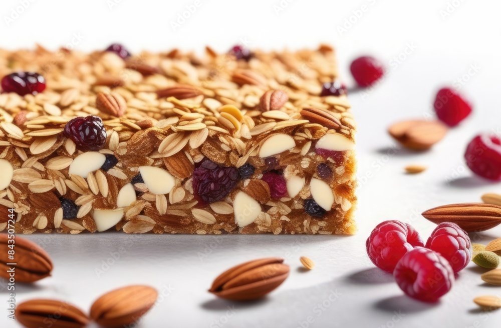 Close-up. Muesli bar made from cereals and dried raspberries on a white background. Close-up. Muesli bar made from cereals and dried raspberries on a white background.