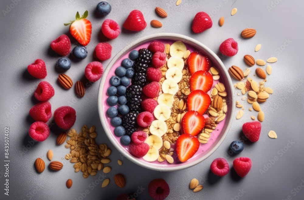 View from above. The right breakfast option for vegans and vegetarians. Smoothie bowl with a mixture of fresh berries, nuts, seeds and homemade muesli. View from above. The right breakfast option for vegans and vegetarians. Smoothie bowl with a mixture of fresh berries, nuts, seeds and homemade muesli.