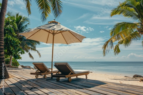 On the serene beach are two lounge chairs and an umbrella for shade