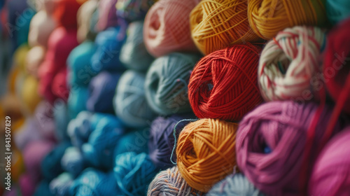 An assortment of colorfully arrayed yarn balls, stacked to create a vibrant, inviting setting for creative fiber arts and craft projects. photo