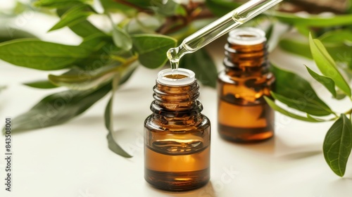 Closeup of a bottle being filled with pure tea tree essential oil on a white surface
