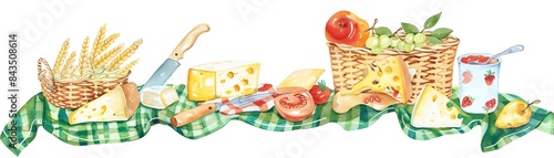 Barley enjoying cheese, countryside picnic, flat design, top view, summer day theme, water color, vivid