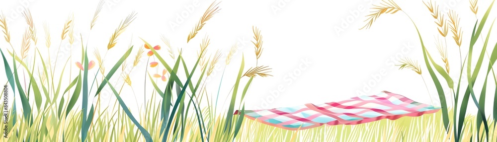 Breeze and barley, picnic blanket in meadow, flat design, side view, nature theme, animation, colored pastel Breeze and barley, picnic blanket in meadow, flat design, side view, nature theme, animation, colored pastel