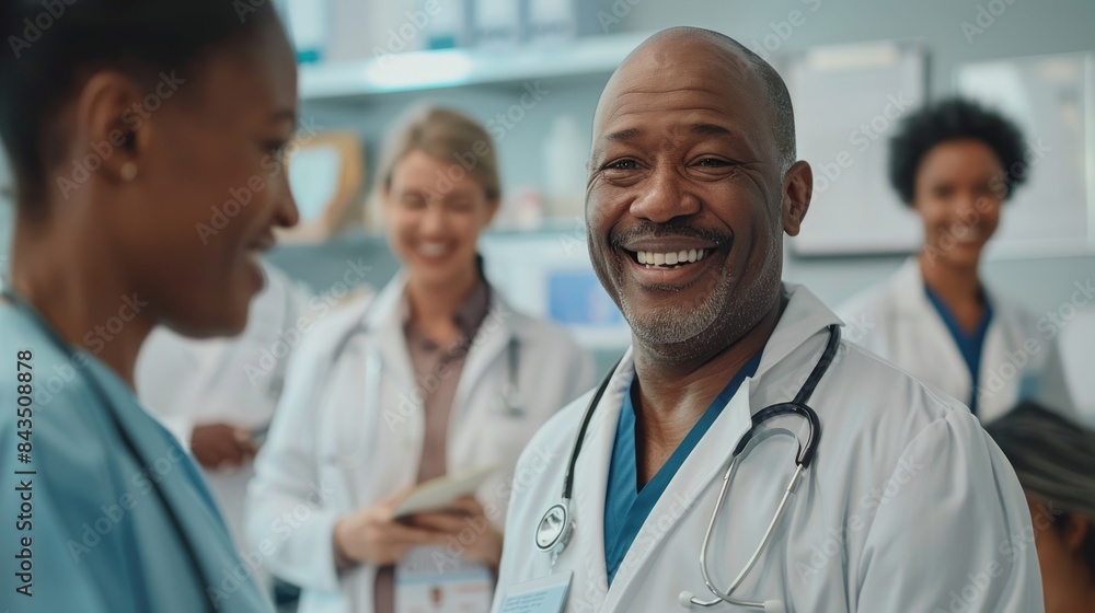 A group of doctors are smiling and laughing together A group of doctors are smiling and laughing together