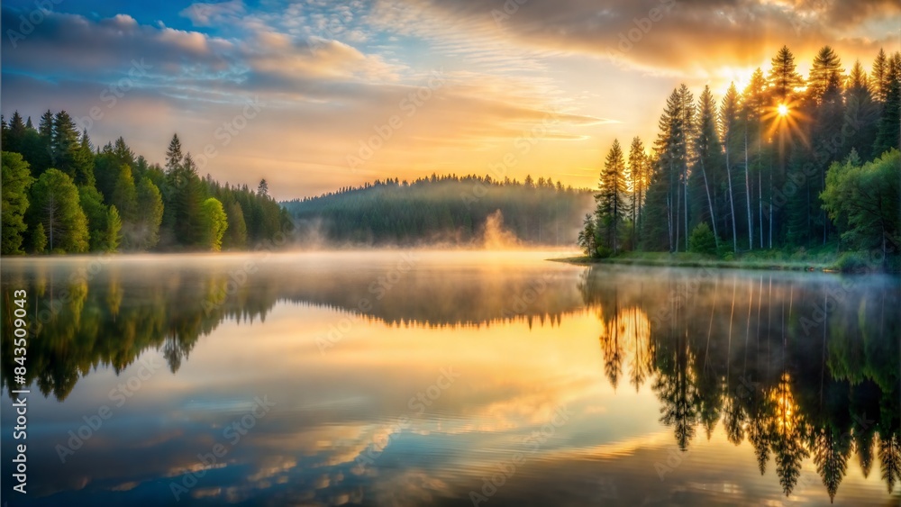 a wallpaper of a calm lake surrounded by dense forest, with early morning mist rising off the water and the first light of dawn breaking through. a wallpaper of a calm lake surrounded by dense forest, with early morning mist rising off the water and the first light of dawn breaking through.