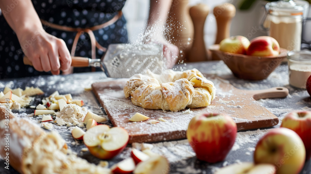 A chef's hands artfully prepare a pastry dusted with flour, surrounded by fresh apples, under the gentle glow of kitchen lighting. A chef's hands artfully prepare a pastry dusted with flour, surrounded by fresh apples, under the gentle glow of kitchen lighting.