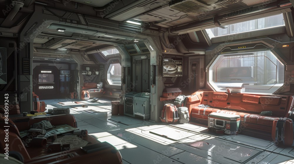 Sunlight streams into a spaceship living area, illuminating the modern, highly-equipped interior and evoking a sense of life beyond Earth. Sunlight streams into a spaceship living area, illuminating the modern, highly-equipped interior and evoking a sense of life beyond Earth.