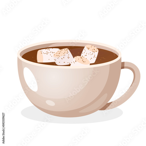 Cup of hot chocolate with marshmallows and cocoa powder.
