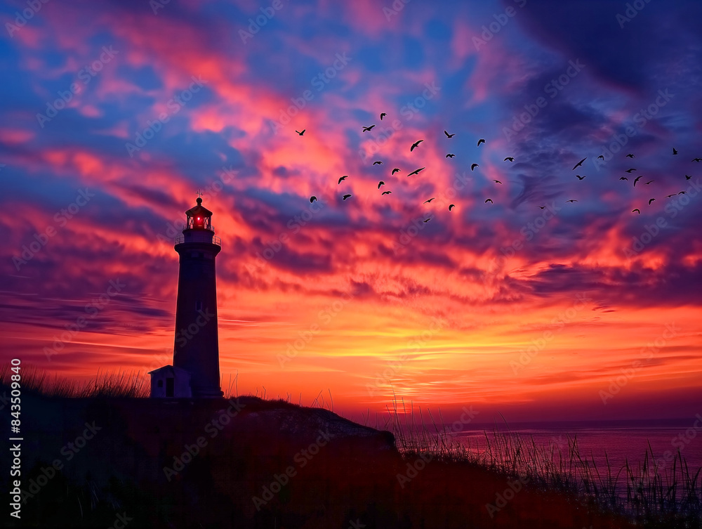 A lighthouse is lit up in the evening sky with a beautiful sunset in the background. The sky is filled with birds flying in the distance A lighthouse is lit up in the evening sky with a beautiful sunset in the background. The sky is filled with birds flying in the distance
