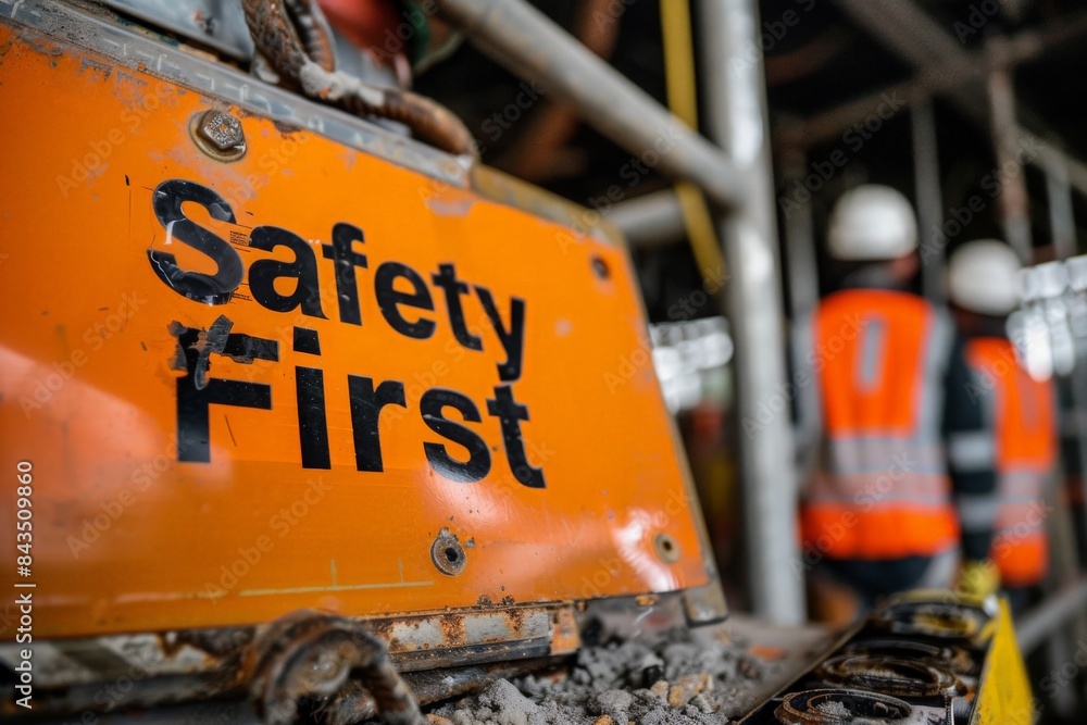 A close-up of a worn Safety First sign on a construction site, with blurred figures of workers in the background. A close-up of a worn Safety First sign on a construction site, with blurred figures of workers in the background.