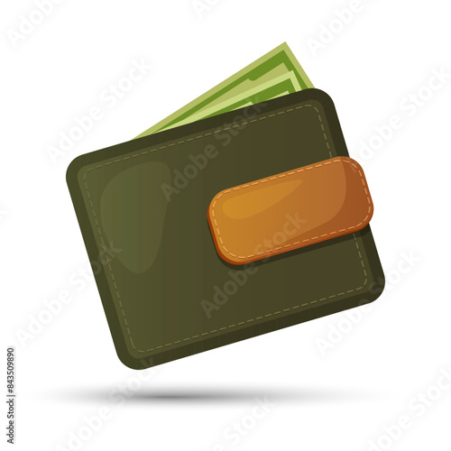 Leather wallet design with paper money banknotes inside isolated on white background.
