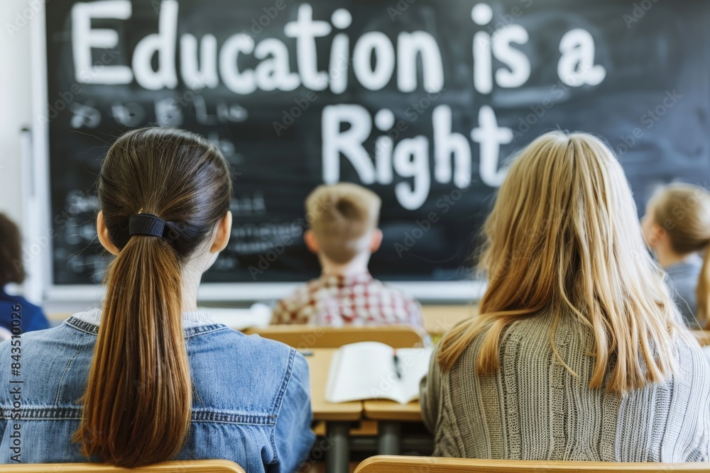 Students sit in a classroom, facing a chalkboard that reads Education is a Right. Students sit in a classroom, facing a chalkboard that reads Education is a Right.
