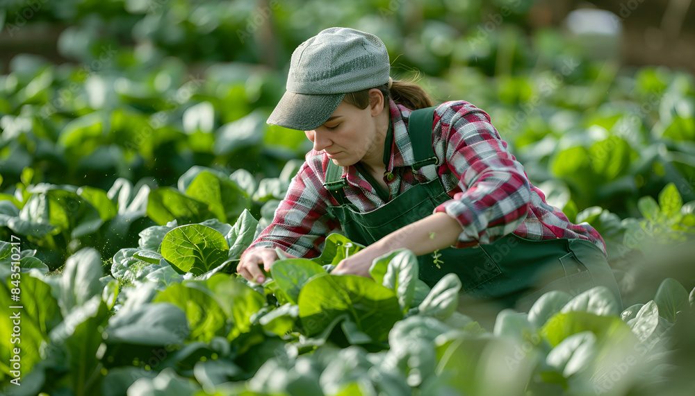 Girl works in farmers field and harvests acelga, cuts fresh and juicy spinach sprout sprig. Growing crops for sale in local supermarkets and greengrocers Girl works in farmers field and harvests acelga, cuts fresh and juicy spinach sprout sprig. Growing crops for sale in local supermarkets and greengrocers