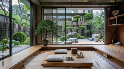 Modern Japanese interior with garden view - Luxurious modern Japanese interior with a view of a carefully curated garden © Tida