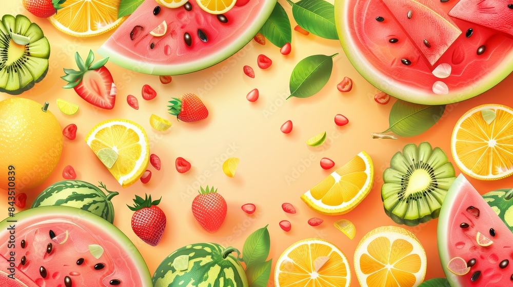 Top view of vibrant fruit arrangement - Bright, colorful composition with sliced fruits like watermelon, lemon, and kiwi neatly arranged Top view of vibrant fruit arrangement - Bright, colorful composition with sliced fruits like watermelon, lemon, and kiwi neatly arranged