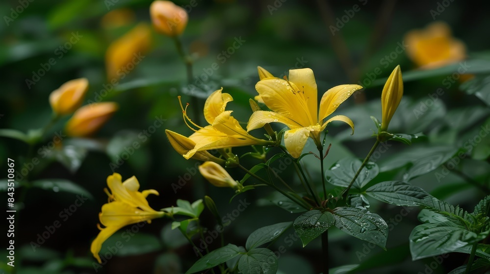 Yellow lilies in lush foliage - Close-up of vibrant yellow lilies with raindrops, showcasing natural beauty and lush green foliage Yellow lilies in lush foliage - Close-up of vibrant yellow lilies with raindrops, showcasing natural beauty and lush green foliage