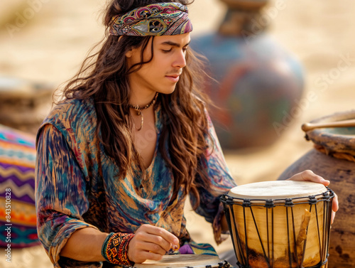 A man wearing a colorful shirt and a headband is playing a drum. The scene is set on a sandy beach, with several vases and bowls scattered around