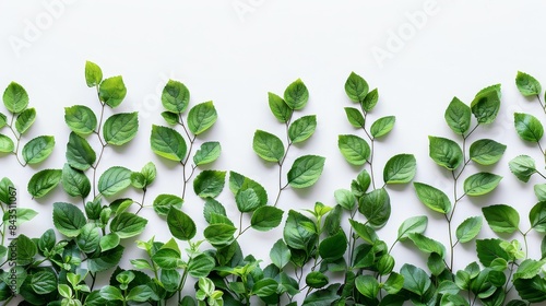 Green leaves arranged symmetrically on white - Fresh green leaves are symmetrically arranged on a white background, perfect for environmental themes